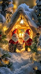Fototapeta premium Santa claus figurines carrying firewood to their snow-covered cabin