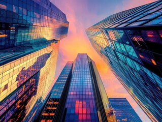 majestic skyline of contemporary office towers at dusk, glass facades reflecting vibrant sunset colors, emphasizing financial growth and urban life