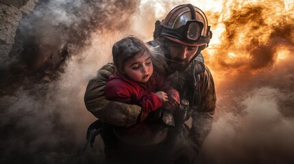 Obraz premium Firefighter Rescues Child Amidst Smoke and Flames