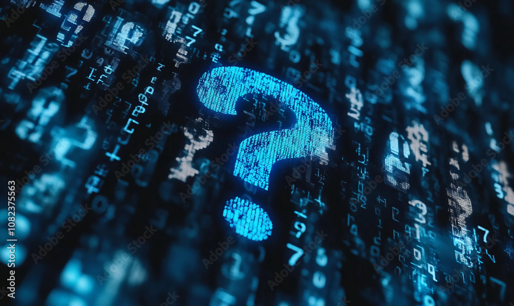 Poster a large question mark, formed from blue pixels, sits on a field of blurry numbers, suggesting an unk