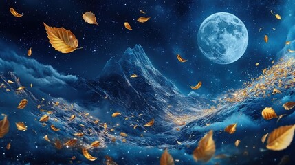 Enchanted Night Scene with Full Moon Over Majestic Mountains Surrounded by Golden Leaves in a Mystical Blue Sky Full of Stars and Clouds