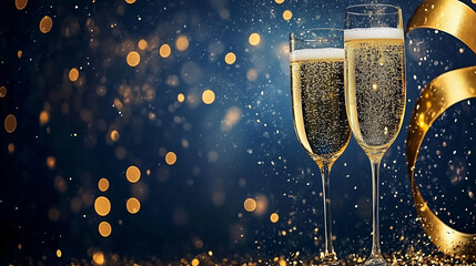  Cheers to the New Year: Elegant Champagne Flutes and Golden Ribbons on a Dark Blue Bokeh Background