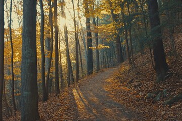 Fototapeta premium Trail in deep forest surrounded by tall trees, illuminated by warm golden light, tranquil atmosphere, late afternoon glow, soft shadows, medium close-up 1