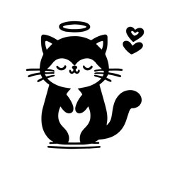 a black and white drawing of a cat with a heart above it silhouette art style vector