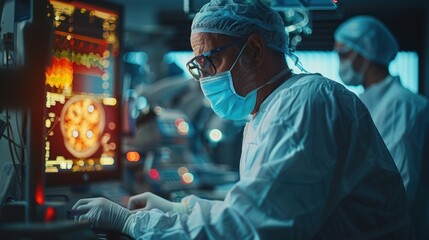 A man undergoing cystoscopy procedure with a urologist in a sterile medical room, focusing on minimally invasive medical examinations and patient comfort