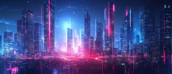 Obraz premium Futuristic urban cityscape with neon lights and hi-tech architecture, abstract digital background for science and technology themes