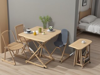 A light-colored expandable table with chairs, a gray storage unit, and fruit on the table