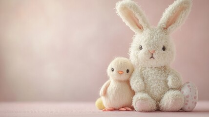 Plush bunny and chick sit next to Easter egg on soft pastel background