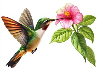 A vibrant hummingbird hovers near a pink flower, showcasing nature's beauty and the delicate balance between pollinators and blooms.