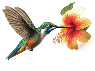 A vibrant hummingbird with iridescent feathers feeding from a colorful hibiscus flower.