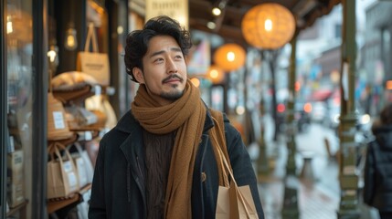 Fototapeta premium A young Asian male customer holding a shopping bag and looking at home decor items in a stylish home decor shop