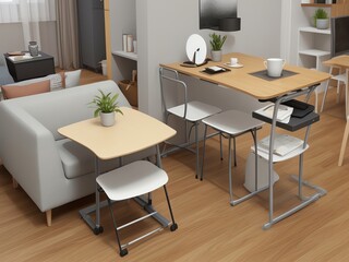 Fototapeta premium A light-colored expandable table with chairs, a gray storage unit, and fruit on the table