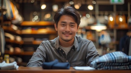 Fototapeta premium A young Asian male shop assistant arranging clothes on a rack in a brightly lit boutique