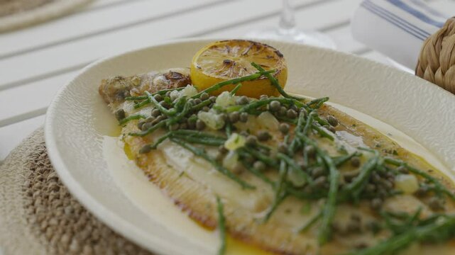 A high crop shot of a fish food dish and a seasoned lemon for better taste and some vegies as toppings