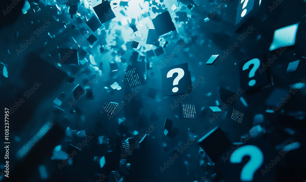 Aufkleber Question marks float in a blue, digital void, surrounded by countless black blocks