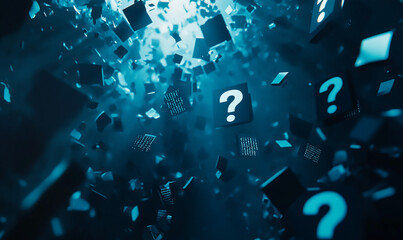Question marks float in a blue, digital void, surrounded by countless black blocks