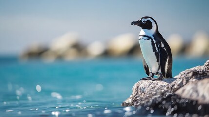 Fototapeta premium Magellanic penguin standing on rock in turquoise water