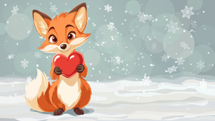 Cute happy cartoon fox holding red heart vector Illustration on a winter background. Saint Valentines love greeting card with copy space