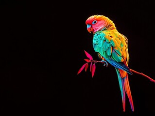 Obraz premium Neon Parrot Perched on Glowing Branch with Vibrant Feathers against Black Background