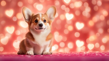 Cute corgi puppy posing on valentine's day background with hearts