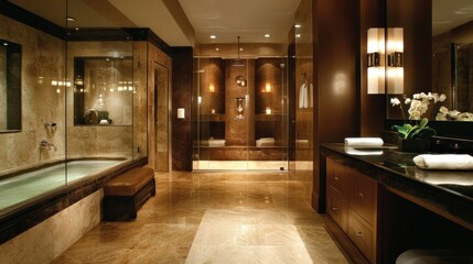 Obraz premium Luxurious Modern Bathroom Interior with Marble Tiles and a Glass-Enclosed Shower