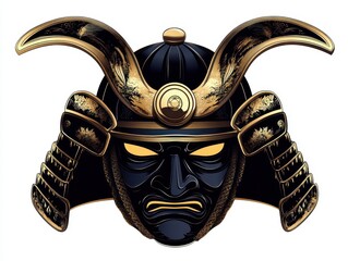 A fierce samurai mask featuring intricate gold detailing, highlighting traditional warrior elements and a powerful expression.