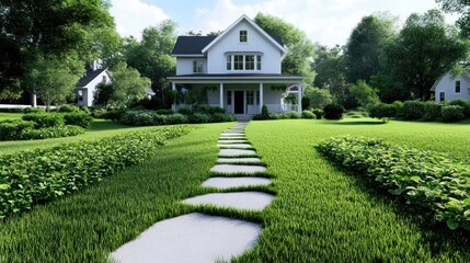 Fototapeta premium A serene house with a stone path in a lush green landscape.
