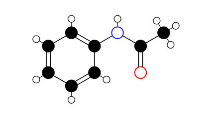 acetanilide molecule, structural chemical formula, ball-and-stick model, isolated image analgesic