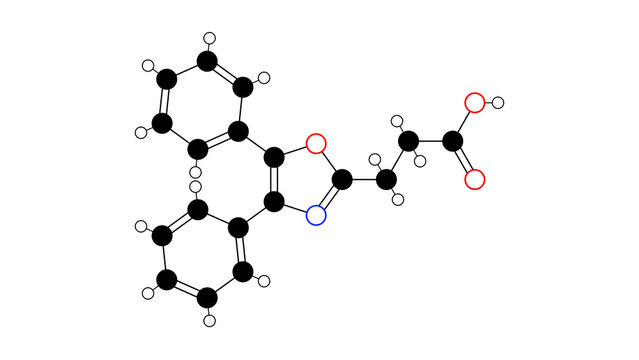 oxaprozin molecule, structural chemical formula, ball-and-stick model, isolated image nsaid