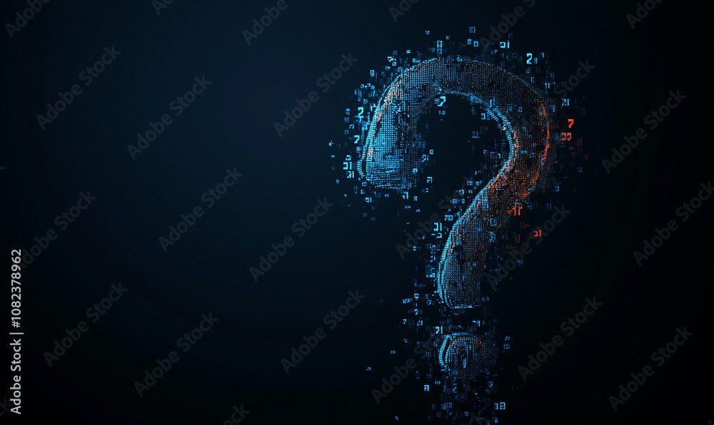 Aufkleber a blue and red question mark is made up of small particles against a dark blue background. the quest