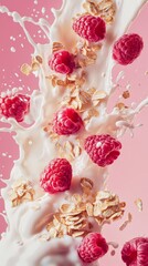 Fototapeta premium Milk splashing with raspberries and oat flakes on pink background