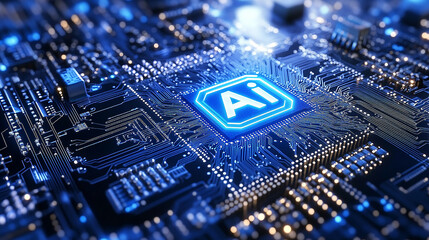 AI technology. Chip with AI latters and circuit board. Artificial intelligence stock illustration
