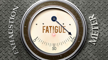 Fatigue and Exhaustion that is hitting a full scale, showing a very high level of fatigue, overload of it, too much of it. Maximum value, off the charts.  ,3d illustration