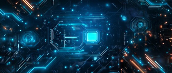 Futuristic 2d abstract illustration of electronic circuit technology background with dynamic geometric patterns and neon accents for modern digital designs and tech projects