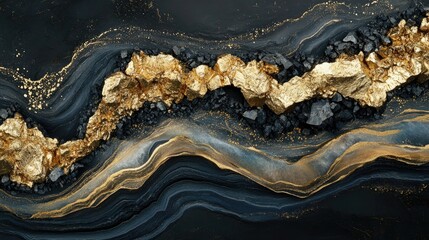 Fototapeta premium Abstract art featuring a striking blend of black, gold, and dark blue textures with shimmering details that evoke a sense of luxury, depth, and elegance for design projects.