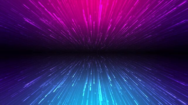 Glowing NEON RAYS motion in SPACE, lightspeed journey through time continuum. 3D ANIMATION with purple pink neon lights. FUTURISTIC and ABSTRACT colorful background. WALLPAPER. DIGITAL Design Concept,