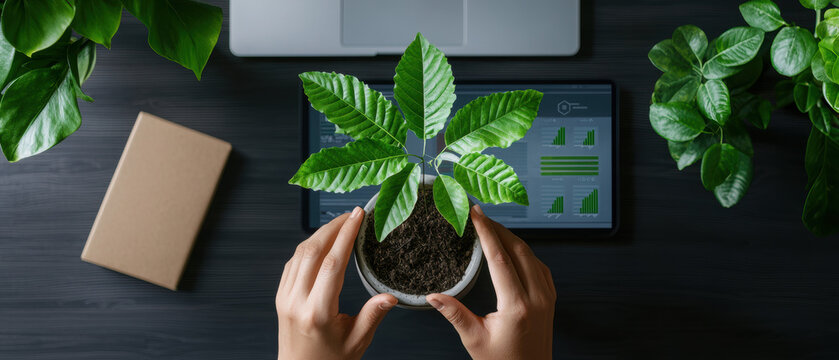 Sustainability Project Funding Business Concept. A person gently holds a potted plant, surrounded by greenery, a book, and a tablet, highlighting a serene workspace filled with nature.