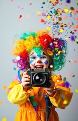 Fototapeta premium a happy child dressed as a clown, with colorful hair and , holding a video camera, and surrounded by flying confetti against a grey background.
