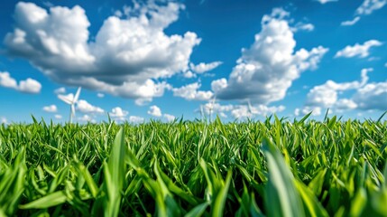 Fototapeta premium Green Grass Field with Wind Turbines in the Distance and a Blue Sky with White Clouds