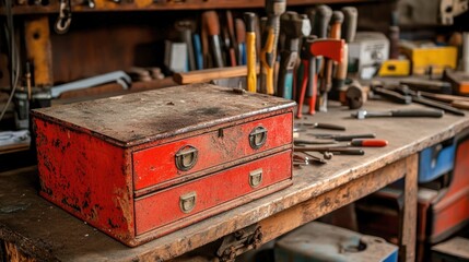 Vintage Red Toolbox on a Rustic Workbench Surrounded by Various Hand Tools and Equipment in a Craftsman Workshop Setting
