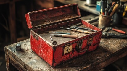 Vintage Red Toolbox with Tools on a Wooden Workbench in a Rustic Workshop Setting, Capturing the Essence of Craftsmanship and DIY Projects, Evoking Nostalgia and Practicality