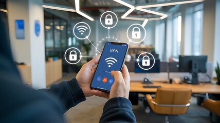 Securing Your Digital World:  A person uses a smartphone to connect to a secure VPN network, symbolized by digital lock icons.  The image showcases modern office space in the background.