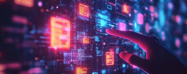 Naklejka premium Businessman hand holding floating employee profile icons, job recruitment process, glowing talent selection, digital hiring platform, professional and sleek modern tech design