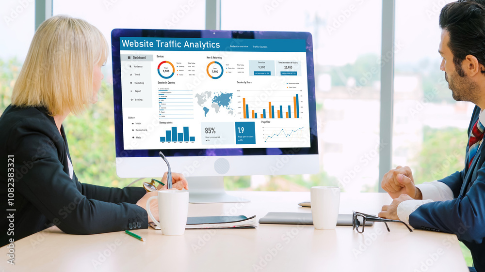 Poster computer software for website traffic analytics data on computer screen. concept of seo search engin