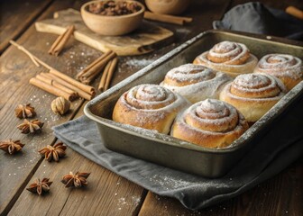 Freshly Baked Cinnamon Rolls on Wooden Table with Powdered Sugar, Cinnamon Sticks, and Star Anise for Cozy Bakery Vibe