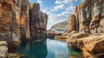 Malowniczy krajobraz skalny z cichym zbiornikiem wodnym, położonym u podn&oacute;ża stromych klif&oacute;w, pod krystalicznie czystym niebem. 