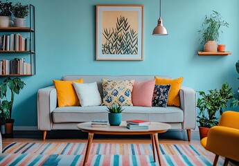 an interior design concept for the living room, featuring cool blue walls and soft pastel colors.