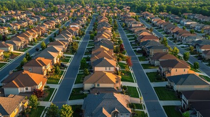 Aerial View of a Suburban Neighborhood Showing Rows of Houses with Green Lawns Under a Clear Sky During Golden Hour Illumination