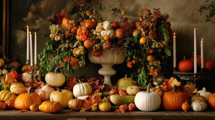 A Festive Autumn Display Featuring Colorful Pumpkins, Lush Fall Foliage, and Elegant Candles for a Cozy Harvest Celebration and Seasonal Decoration