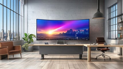 A modern office space featuring a curved television and stylish furniture.